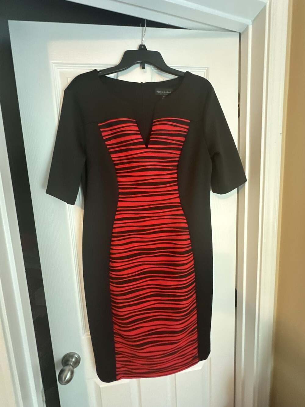 Connected Apparel Black and Red Textured Striped Panel Sheath Dress